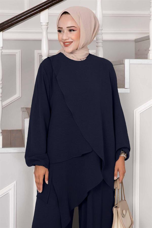 Asymmetrical Cut Aerobin Hijab 2 Piece Set Navy Blue