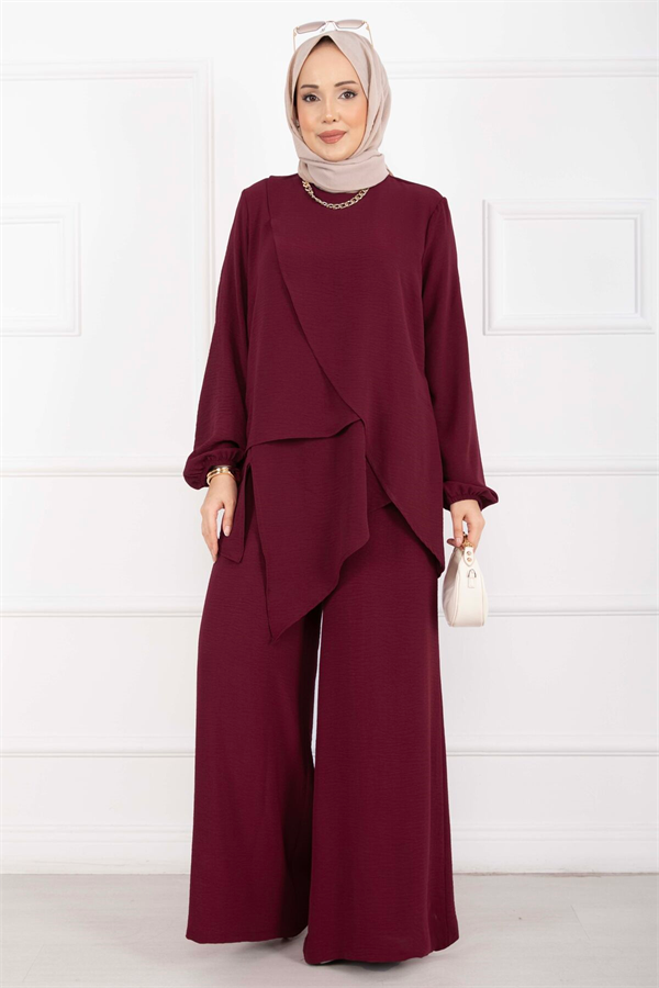 Asymmetrical Cut Aerobin Hijab 2 Piece Set in Burgundy