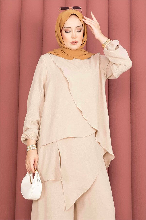 Asymmetrical Cut Aerobin Hijab 2 Piece Set Camel