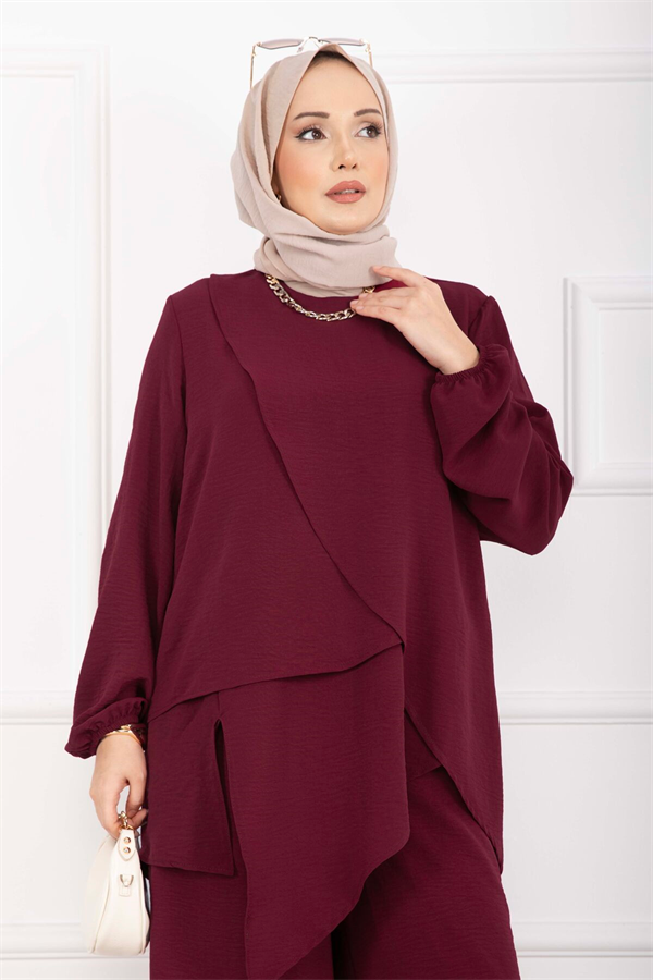 Asymmetrical Cut Aerobin Hijab 2 Piece Set in Burgundy
