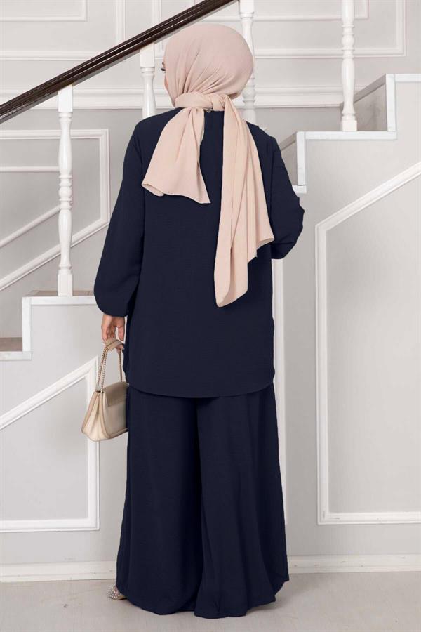 Asymmetrical Cut Aerobin Hijab 2 Piece Set Navy Blue