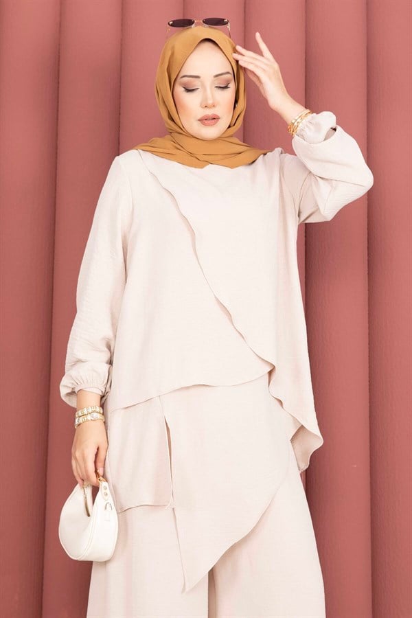 Asymmetrical Cut Aerobin Hijab 2 Piece Set Stone
