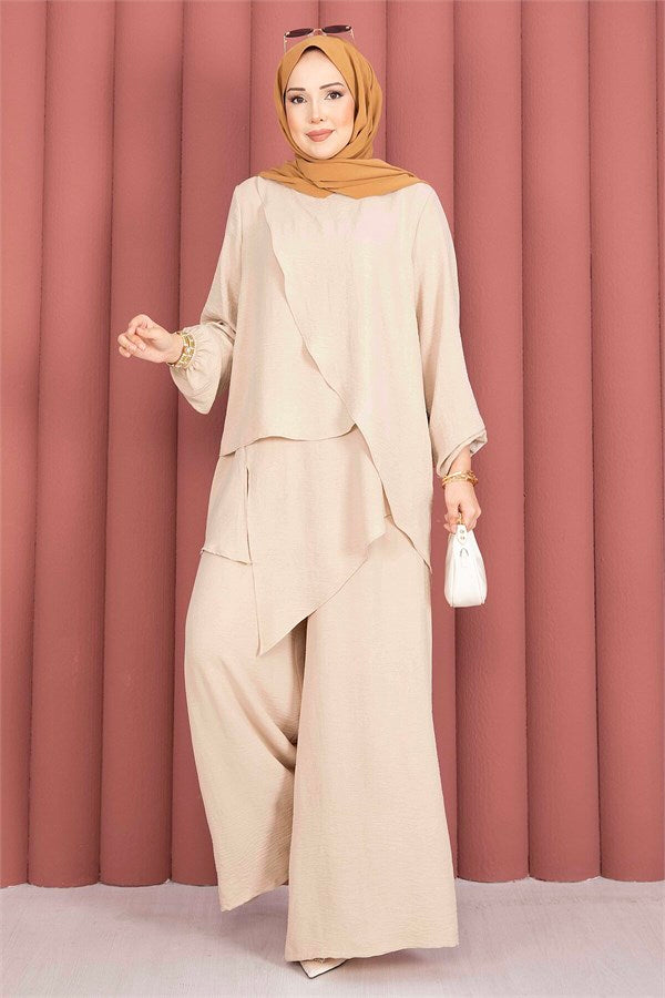 Asymmetrical Cut Aerobin Hijab 2 Piece Set Camel