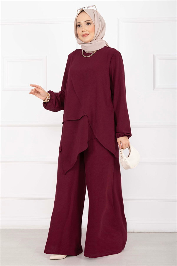 Asymmetrical Cut Aerobin Hijab 2 Piece Set in Burgundy