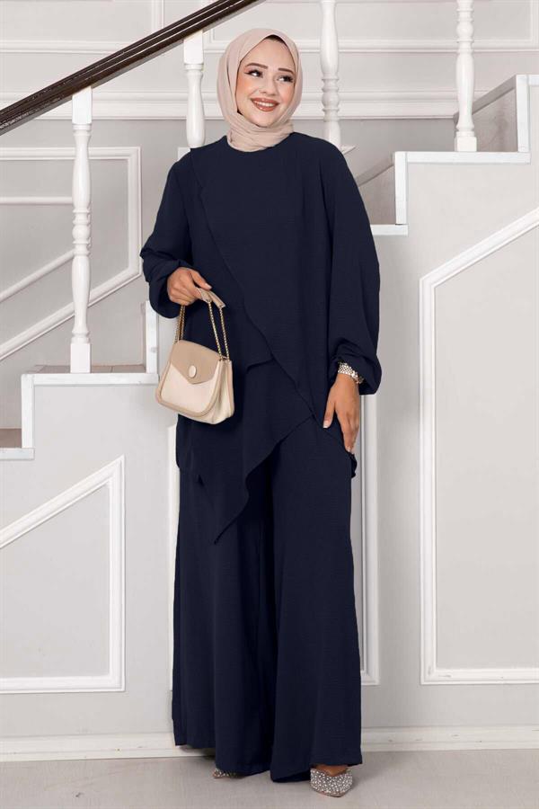 Asymmetrical Cut Aerobin Hijab 2 Piece Set Navy Blue
