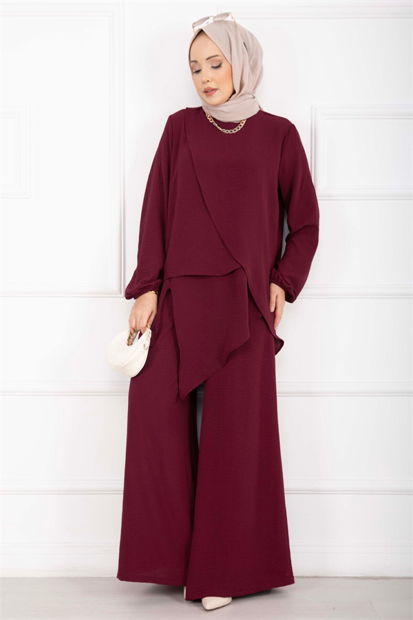 Asymmetrical Cut Aerobin Hijab 2 Piece Set in Burgundy