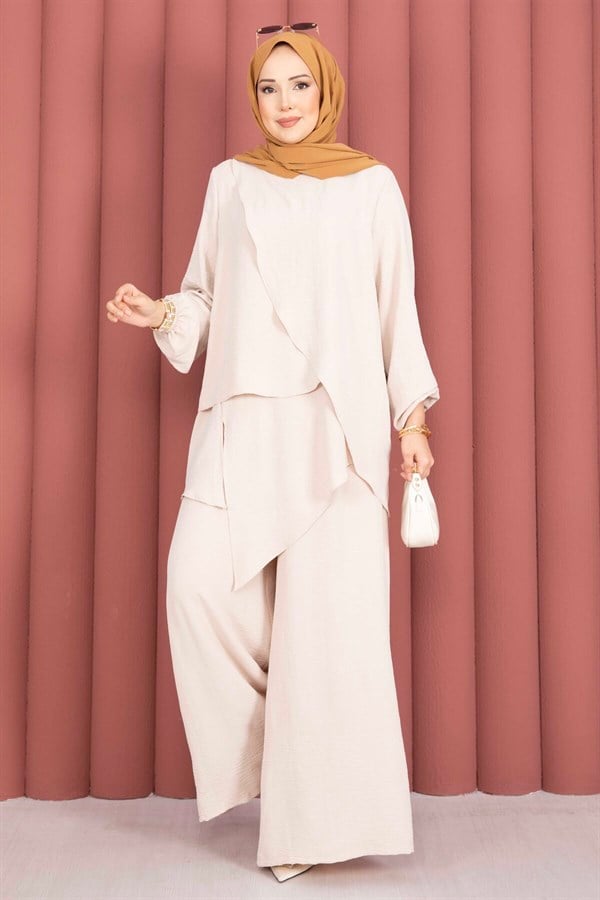 Asymmetrical Cut Aerobin Hijab 2 Piece Set Stone