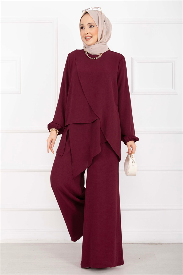 Asymmetrical Cut Aerobin Hijab 2 Piece Set in Burgundy