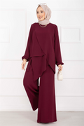 Asymmetrical Cut Aerobin Hijab 2 Piece Set in Burgundy
