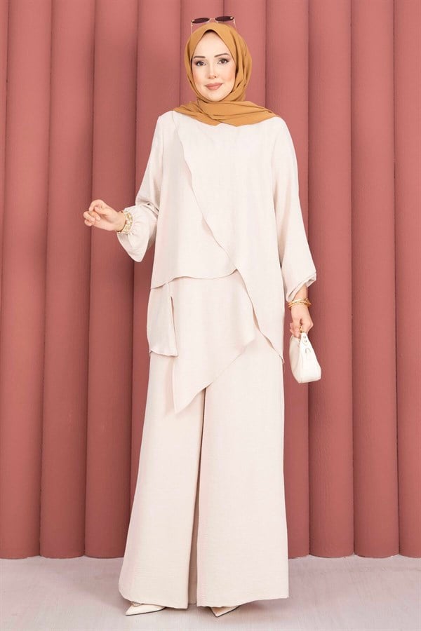 Asymmetrical Cut Aerobin Hijab 2 Piece Set Stone