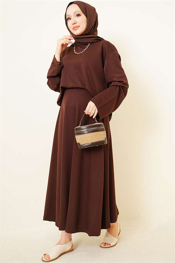 Asymmetrical Cut Basic Skirt 2 Piece Set in Coffee