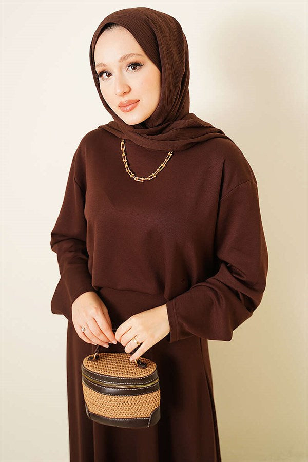 Asymmetrical Cut Basic Skirt 2 Piece Set in Coffee