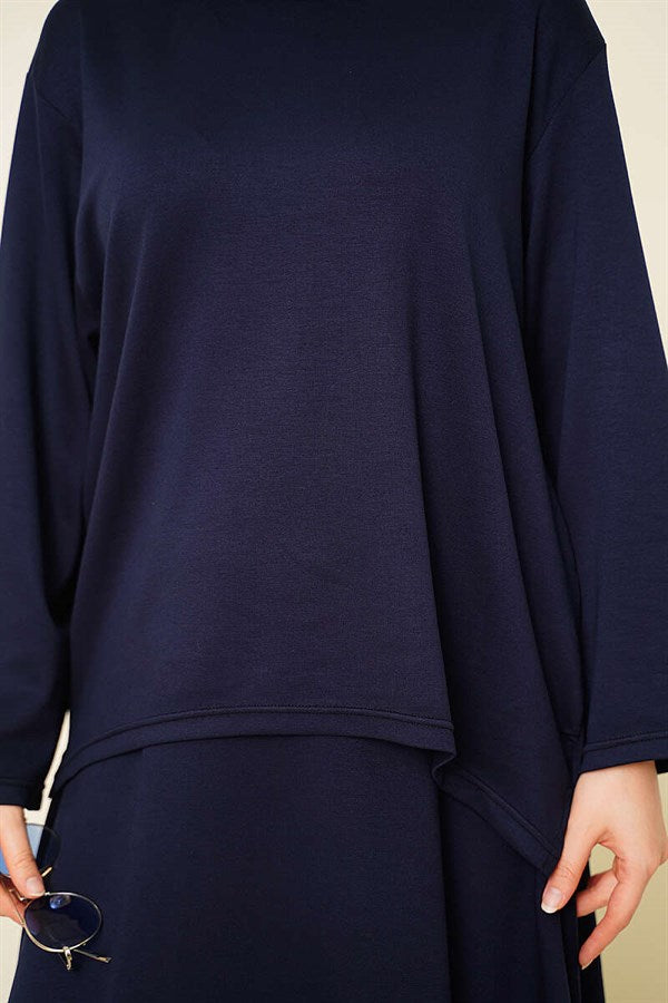 Asymmetrical Cut Basic Skirt 2 Piece Set Navy Blue
