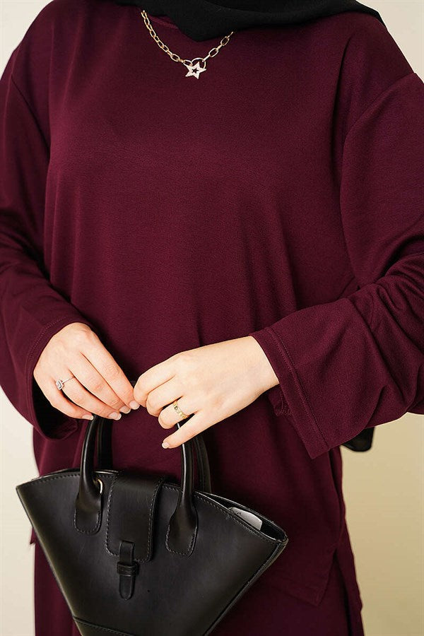 Asymmetrical Cut Basic Skirt 2 Piece Set in Plum