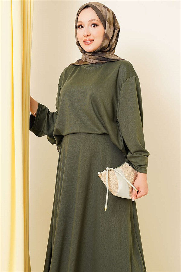 Asymmetrical Cut Basic Skirt 2 Piece Set Khaki