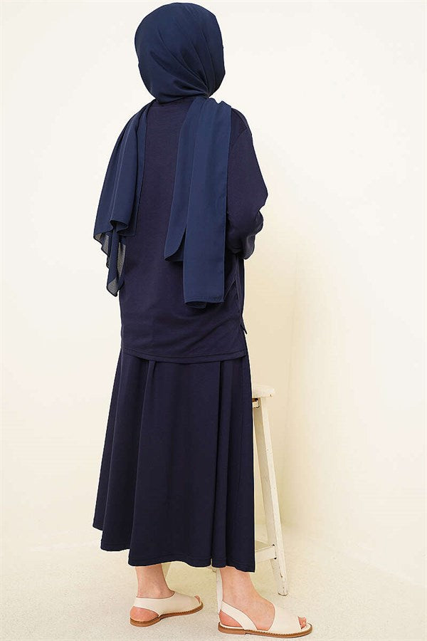 Asymmetrical Cut Basic Skirt 2 Piece Set Navy Blue