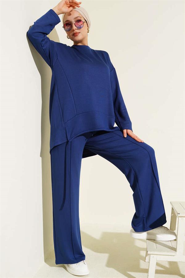 Asymmetrical Cut Crew Neck 2 Piece Set Navy Blue