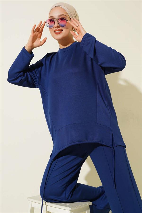 Asymmetrical Cut Crew Neck 2 Piece Set Navy Blue