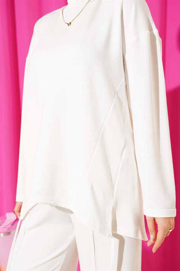 Asymmetrical Cut Crew Neck 2 Piece Set, Ecru
