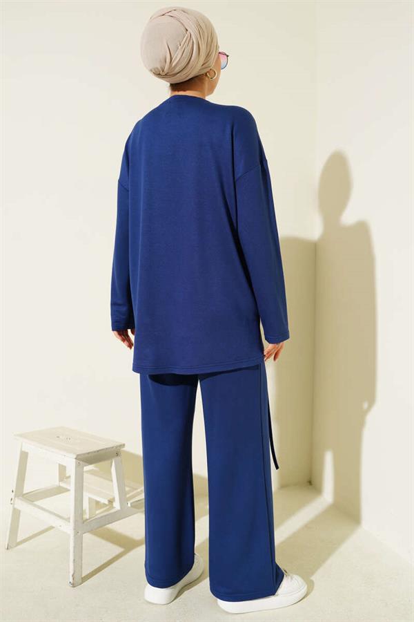 Asymmetrical Cut Crew Neck 2 Piece Set Navy Blue