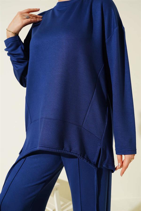 Asymmetrical Cut Crew Neck 2 Piece Set Navy Blue