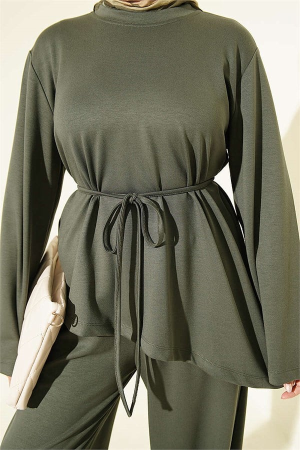 Asymmetrical Cut 2 Piece Set with Drawstring, Khaki