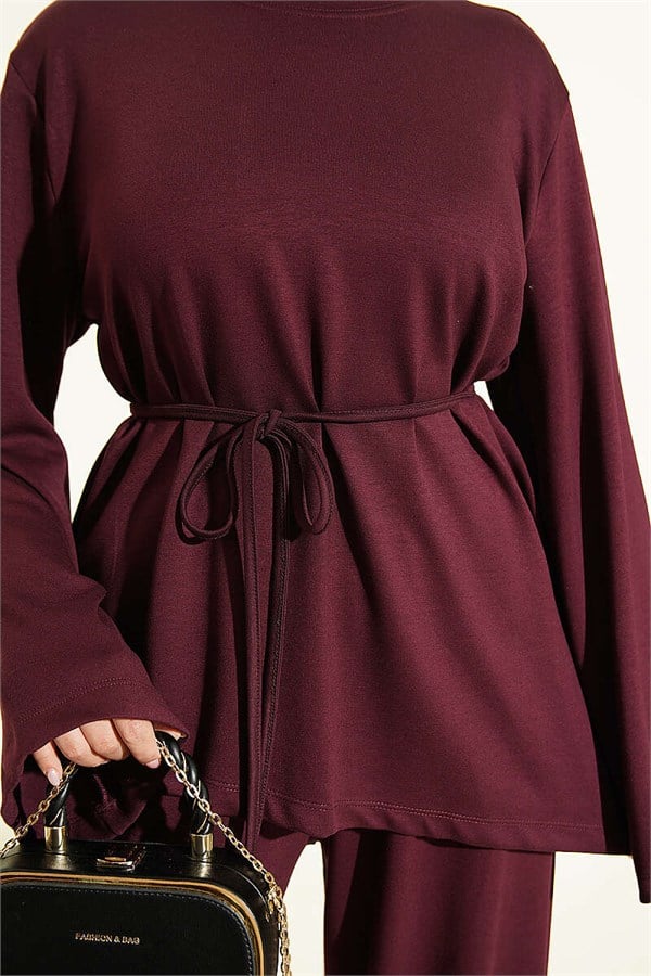 Asymmetrical Cut 2 Piece Set with Drawstring, Plum