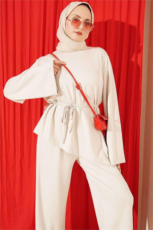 Asymmetrical Cut Lace-Up 2 Piece Set, Beige