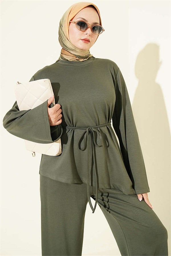 Asymmetrical Cut 2 Piece Set with Drawstring, Khaki