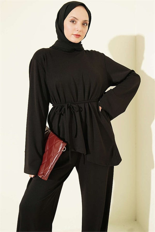 Asymmetrical Cut 2 Piece Set with Drawstring, Black