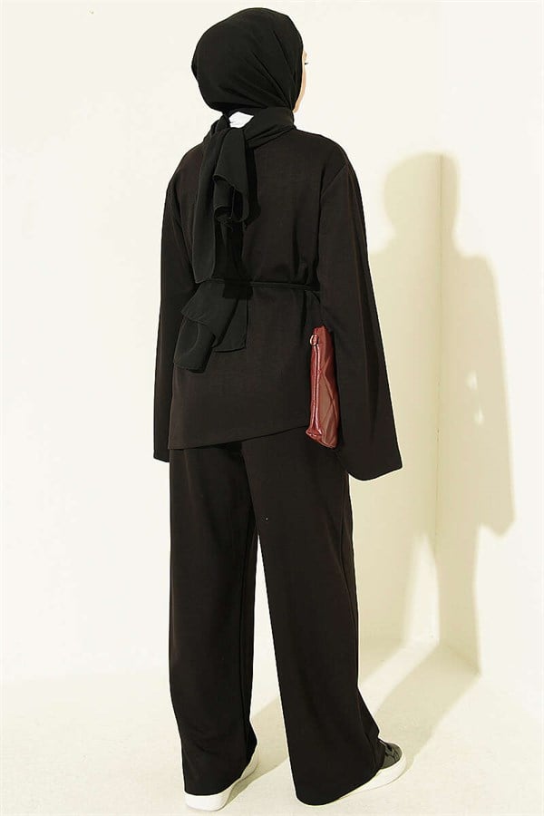 Asymmetrical Cut 2 Piece Set with Drawstring, Black