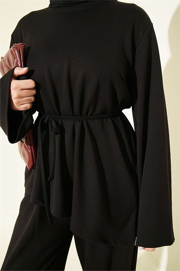 Asymmetrical Cut 2 Piece Set with Drawstring, Black