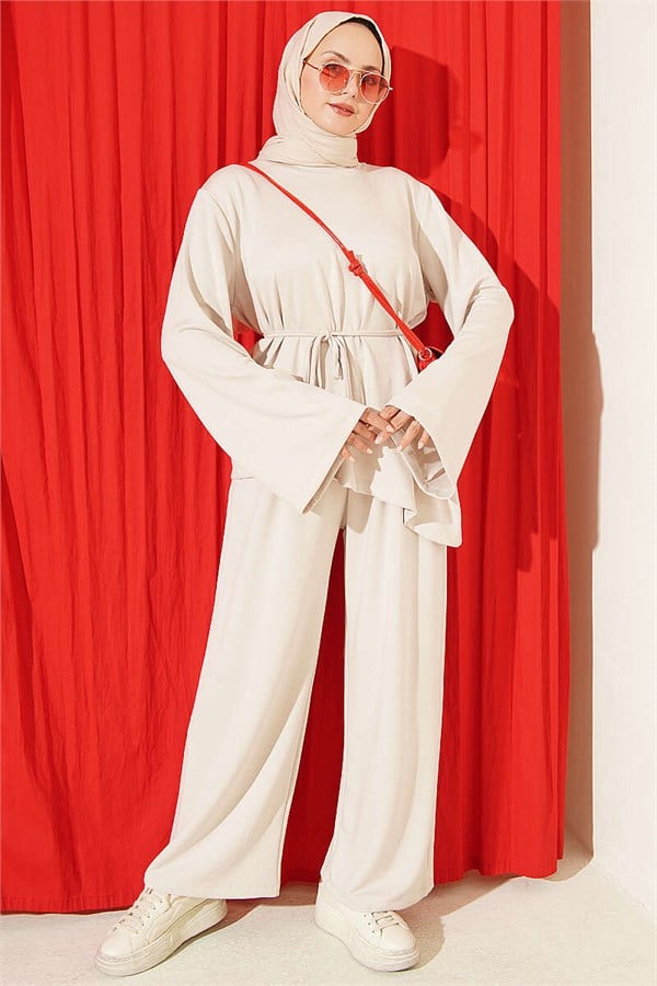 Asymmetrical Cut Lace-Up 2 Piece Set, Beige