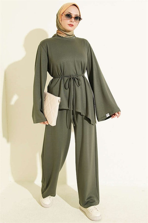 Asymmetrical Cut 2 Piece Set with Drawstring, Khaki