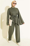 Asymmetrical Cut 2 Piece Set with Drawstring, Khaki