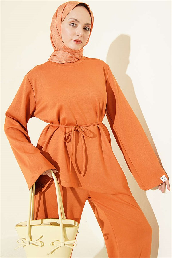 Asymmetrical Cut 2 Piece Set with Drawstring, Orange