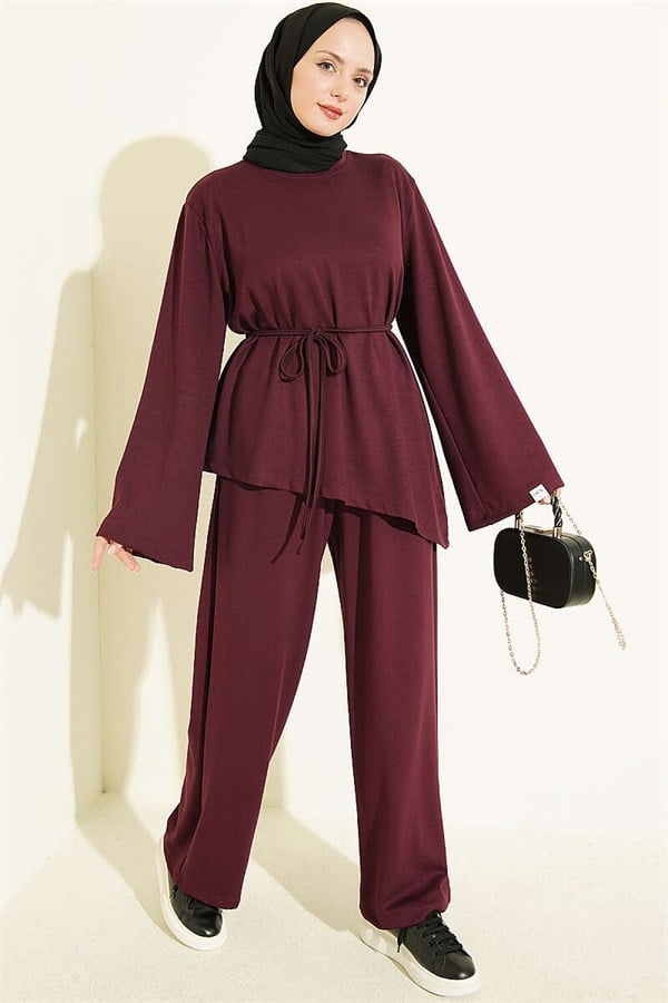 Asymmetrical Cut 2 Piece Set with Drawstring, Plum