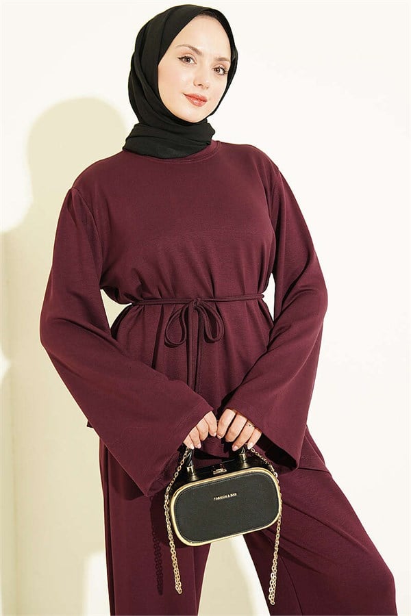 Asymmetrical Cut 2 Piece Set with Drawstring, Plum
