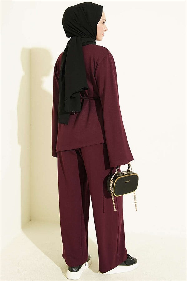 Asymmetrical Cut 2 Piece Set with Drawstring, Plum
