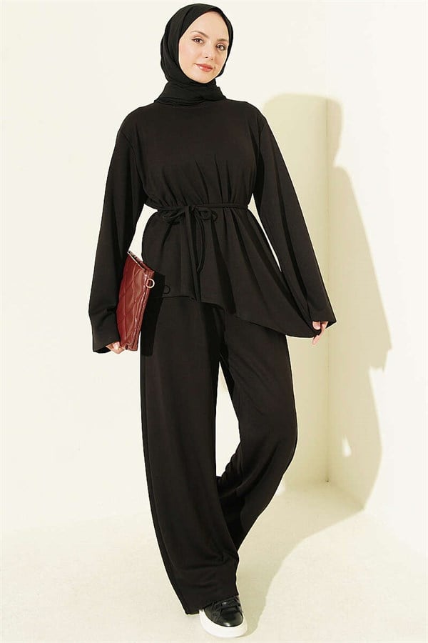 Asymmetrical Cut 2 Piece Set with Drawstring, Black