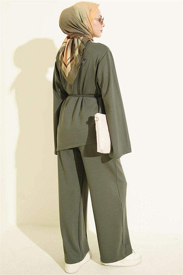 Asymmetrical Cut 2 Piece Set with Drawstring, Khaki