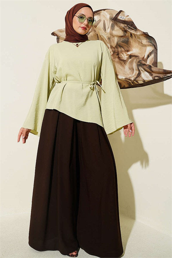 Asymmetrical Cut Drawstring Tunic, Light Green
