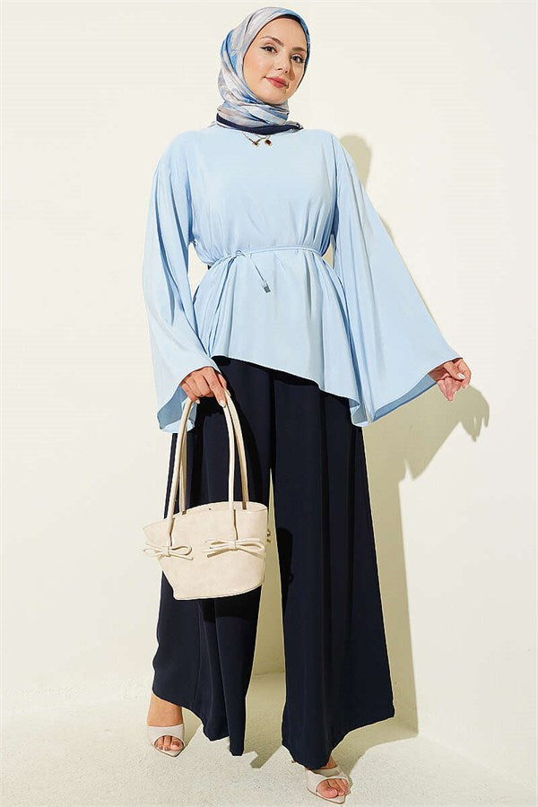 Asymmetrical Cut Drawstring Tunic Blue