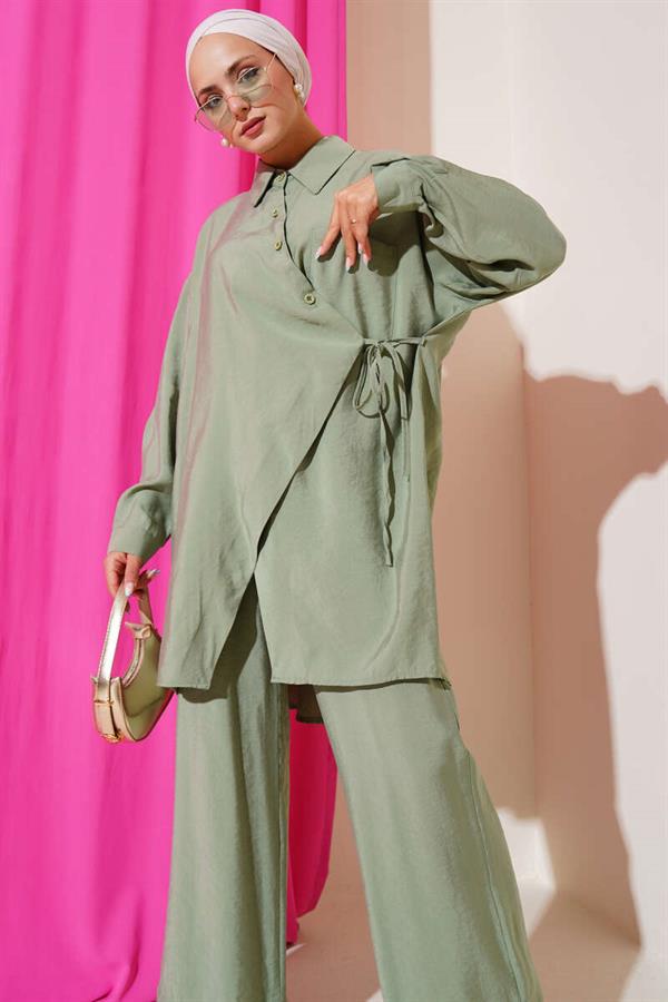 Asymmetric Cut Rope Tied 2 Piece Set, Almond Green