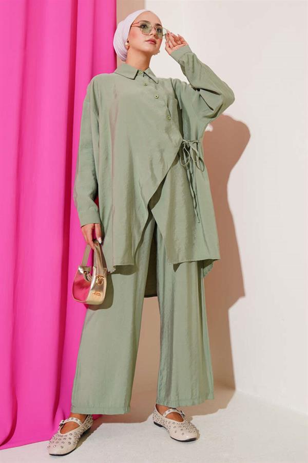Asymmetric Cut Rope Tied 2 Piece Set, Almond Green