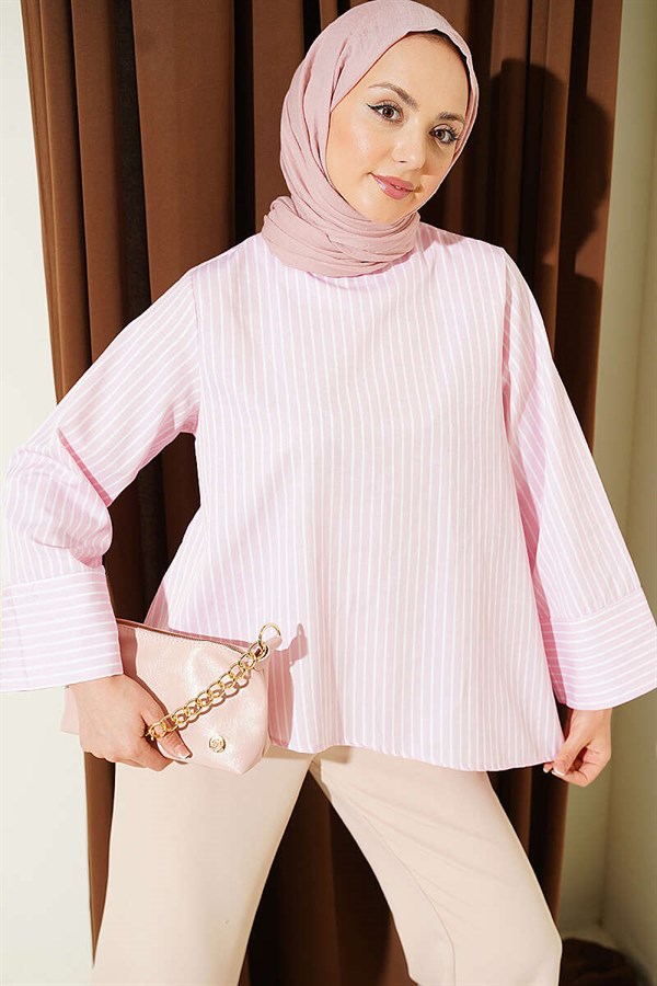 Asymmetrical Cut Thick Striped Tunic Pink