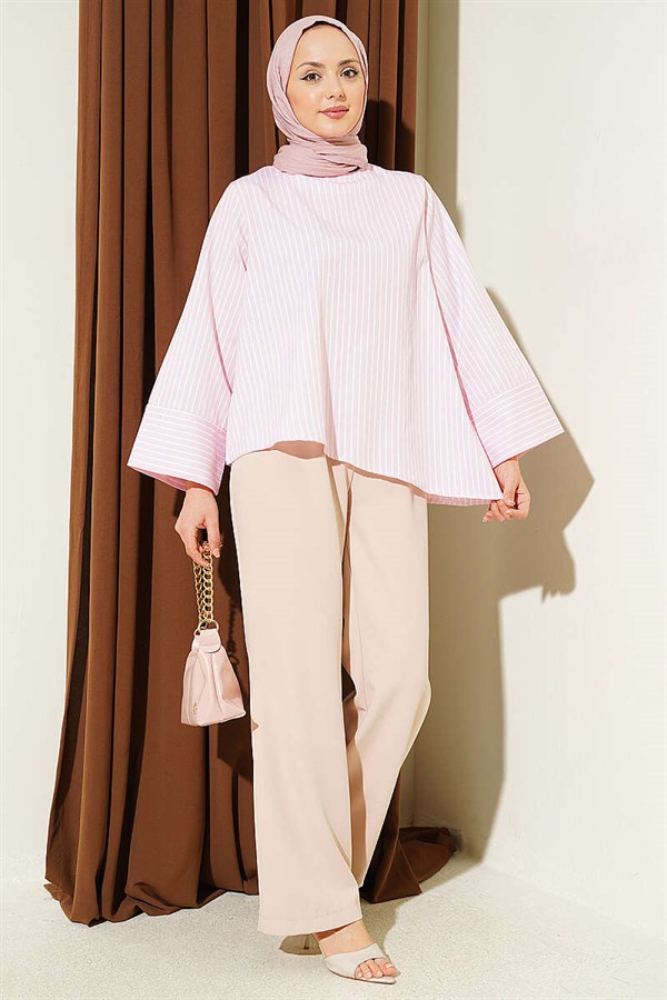Asymmetrical Cut Thick Striped Tunic Pink