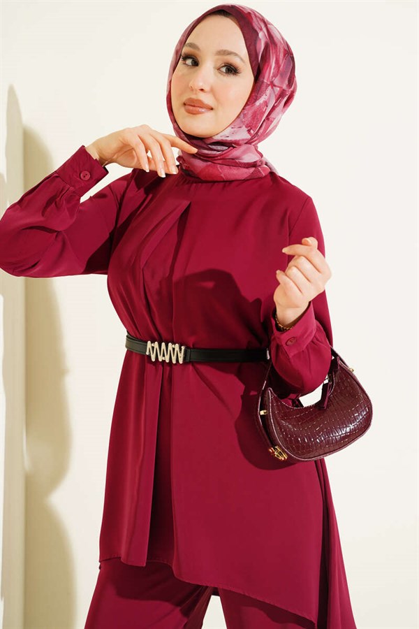 Asymmetrical Cut Belted Tunic 2 Piece Set Burgundy