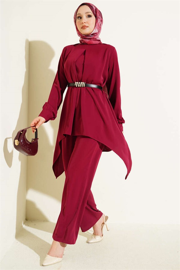 Asymmetrical Cut Belted Tunic 2 Piece Set Burgundy