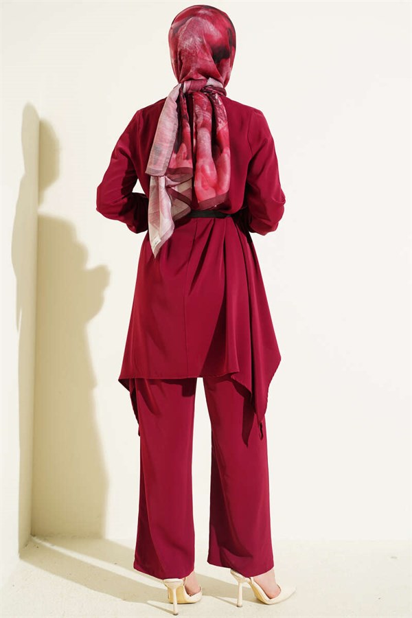 Asymmetrical Cut Belted Tunic 2 Piece Set Burgundy